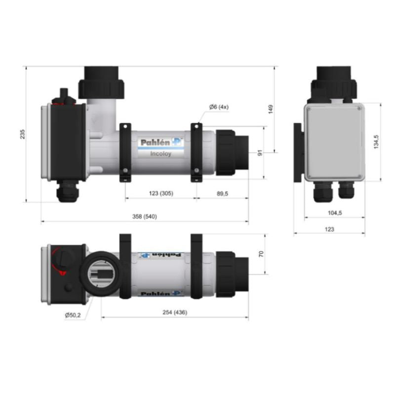 Pahlen Pool Elektroheizer Kunststoff Heizstab Titan 9kW - nicht digital – Maßzeichnung mit Abmessungen